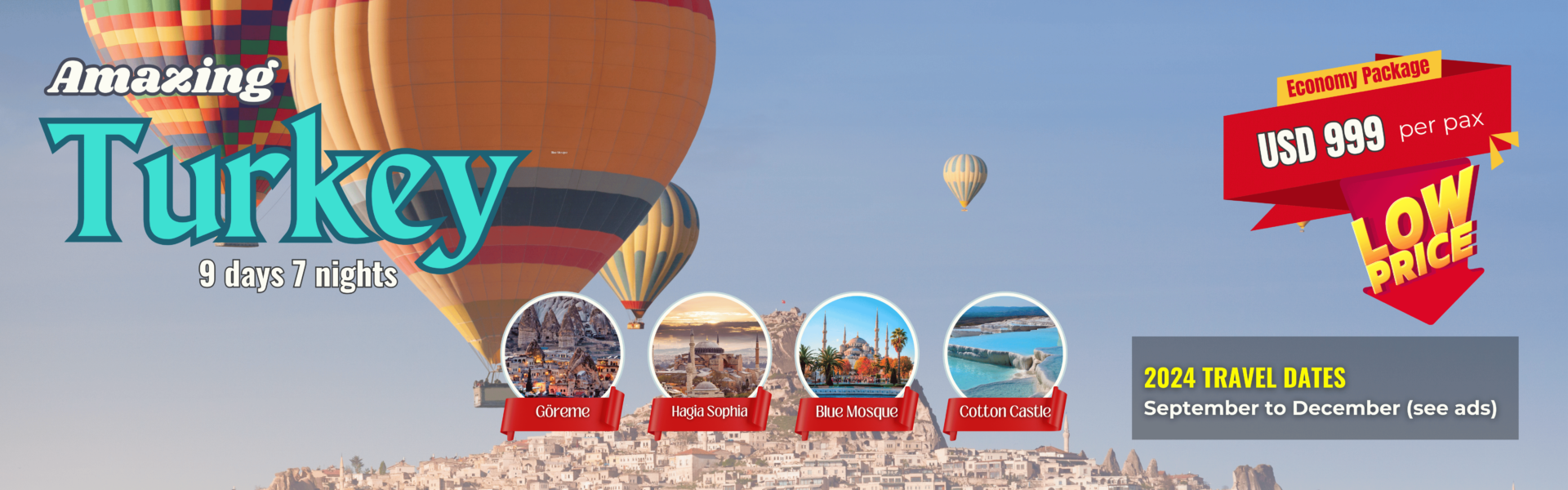 Hot air balloons drifting over Cappadocia's unique rock formations and fairy chimneys at dawn.